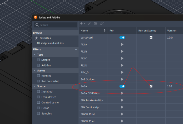 SAGA in Fusion Scripts and Add-Ins with Run and Run on Startup controls visible