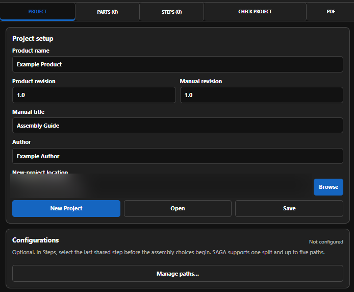 SAGA Project tab with the new-project fields, Browse, New Project, Open, and Save controls