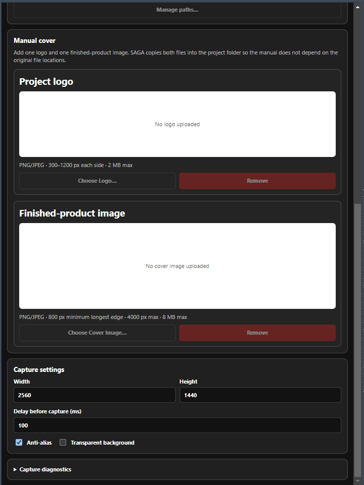 SAGA Manual cover and Capture settings with logo, cover image, resolution, anti-alias, transparent background, and Capture diagnostics controls