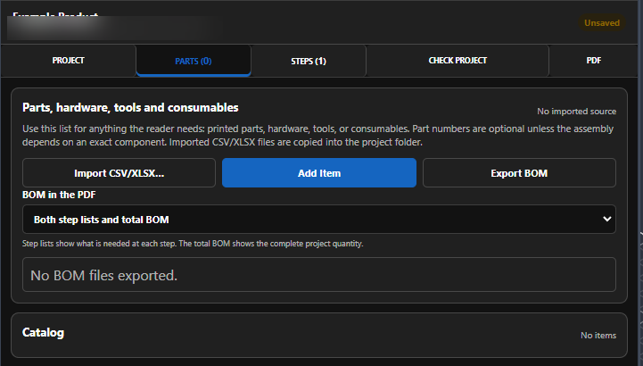 Empty SAGA Parts catalog with Import CSV/XLSX, Add Item, Export BOM, and BOM in the PDF controls