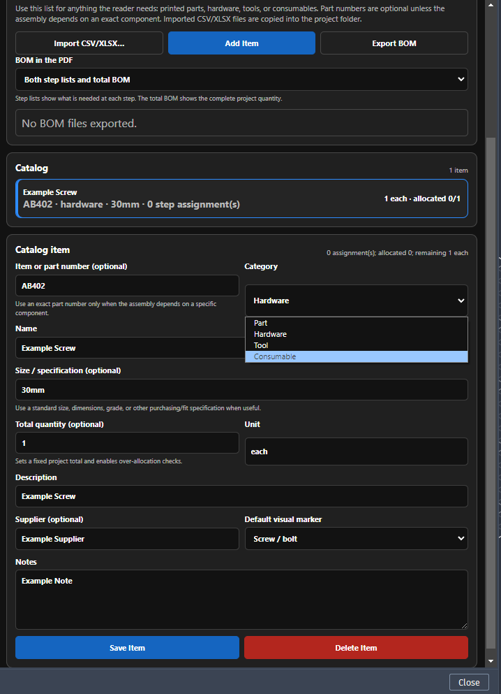 SAGA Category menu showing Part, Hardware, Tool, and Consumable