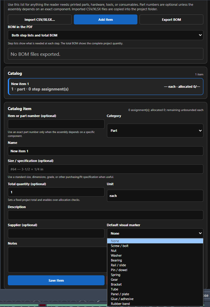 SAGA Default visual marker menu with hardware, part, and process symbols
