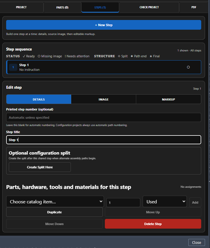New SAGA step on the Details tab with step title, optional printed number, configuration split, and item assignment controls