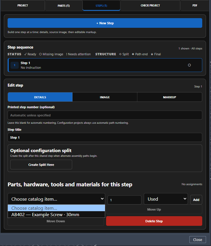 SAGA step Details with Example Screw available in the catalog item assignment menu