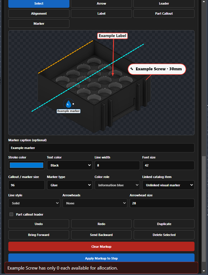 SAGA Markup tab showing a label, alignment guides, a part callout, a marker, styling controls, and Apply Markup to Step