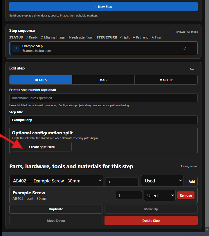 Completed SAGA step with Create Split Here highlighted on the Details tab