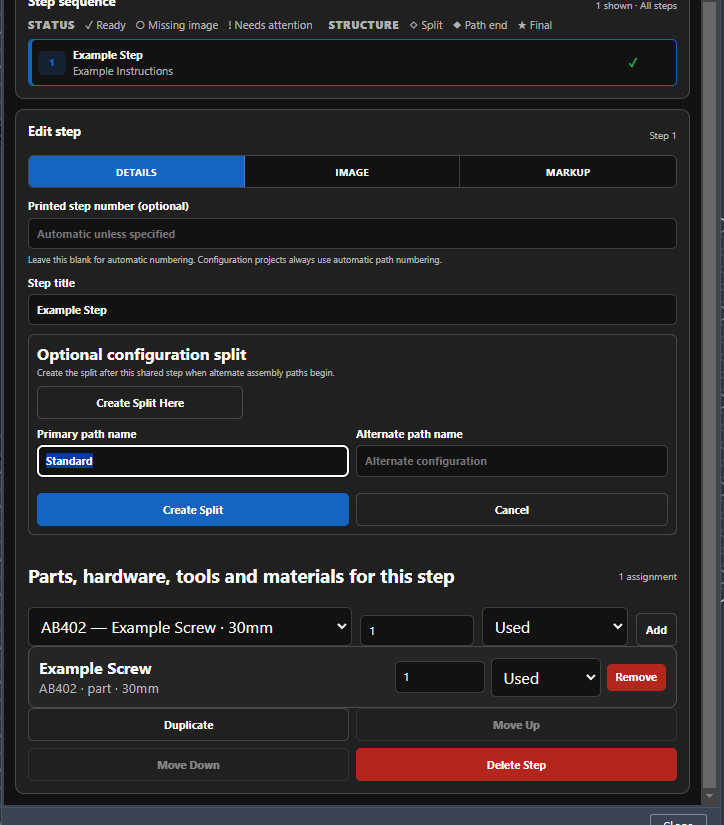 SAGA configuration split controls with Standard as the primary path and Example Branch as the alternate path