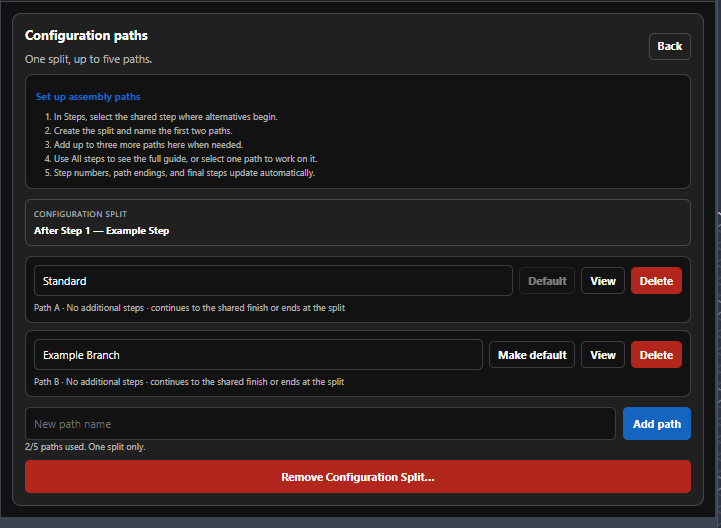 SAGA Configuration paths manager with Standard and Example Branch paths and View controls