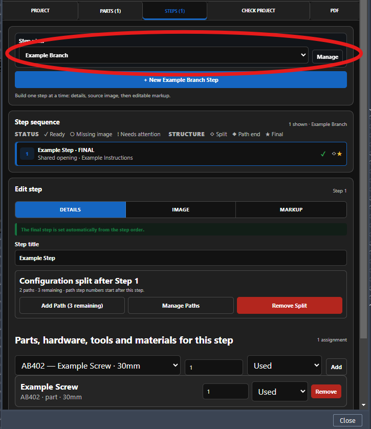 SAGA Steps view with Example Branch selected and the New Example Branch Step control visible