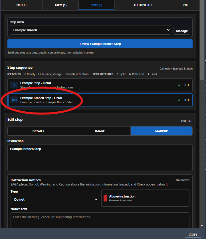 SAGA branch step showing automatic configuration step number 1B.1