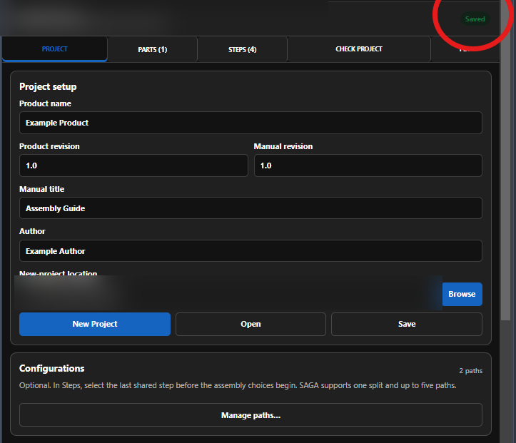 SAGA Project tab showing the green Saved status after the project is saved