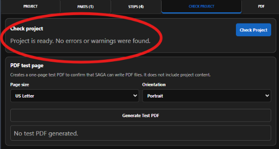 SAGA Check Project result stating that the project is ready with no errors or warnings