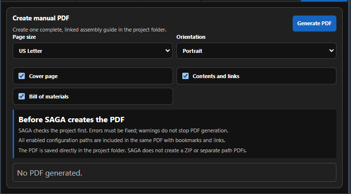 SAGA PDF tab with page size, orientation, Cover page, Contents and links, Bill of materials, and Generate PDF controls