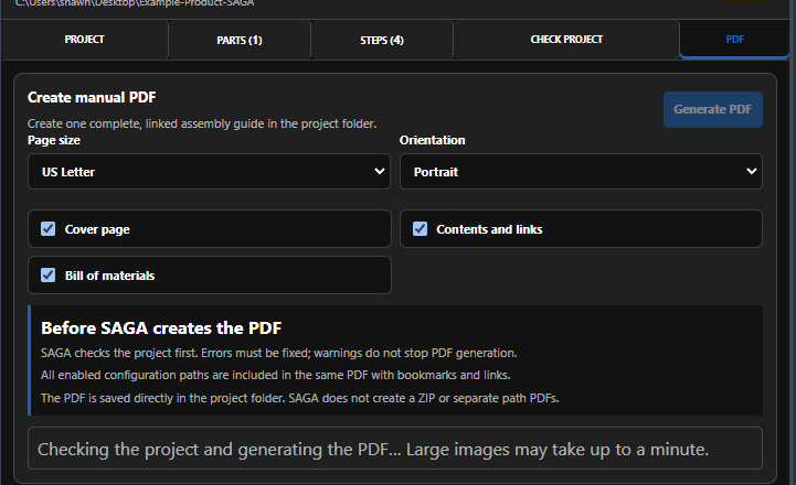 SAGA PDF tab showing that the project is being checked and the PDF is being generated