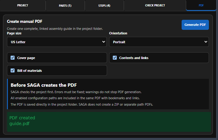 SAGA PDF tab showing a successful PDF-created confirmation
